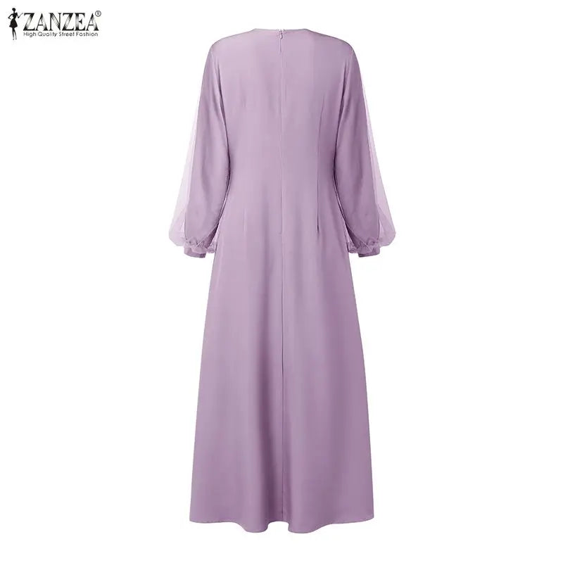 Fashion Muslim Abaya ZANZEA 2026 Spring Lace Patchwork Dresses Women Elegant Party Dress Long Sleeve Mesh Sundress Ramadan Robe