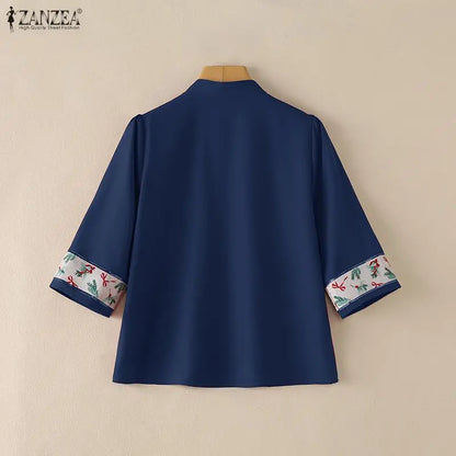 ZANZEA Vintage Blouses for Woman Frog Buttons Mandarin Collar Printing Patchwork 3/4 Sleeves Tops Elegant Retro Blusas de Mujer