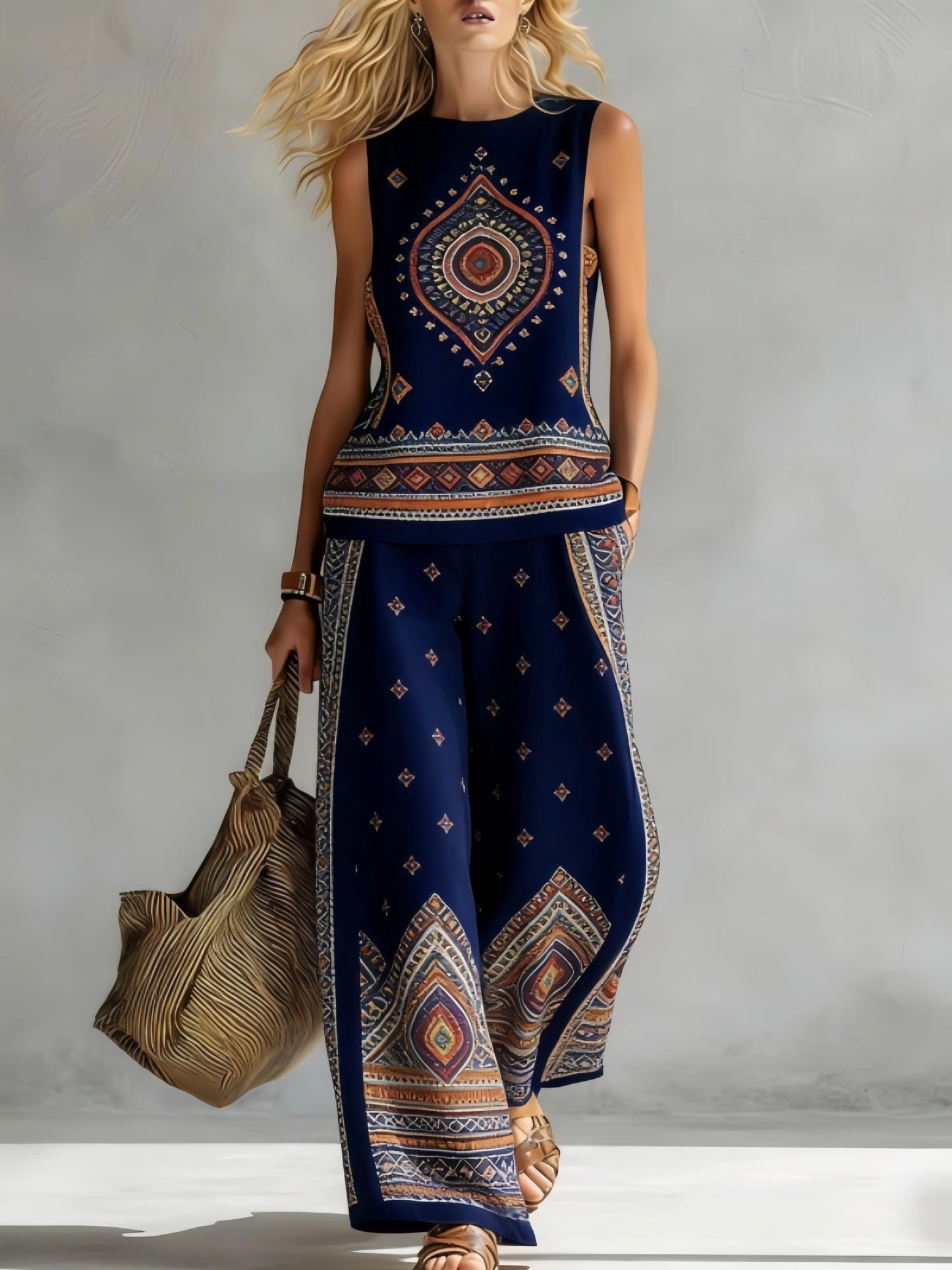 Fashion Retro Printed Sleeveless Tops Trousers 2-piece Set Women's Summer Casual Vest Loose Wide Leg Trousers Female Suit Pocket