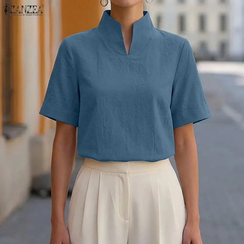ZANZEA Fashion Cotton Linen Blouses Woman Stand Collar Back Zipper Short Sleeve Solid Tops Summer Minimalist Thin Blusas Mujer