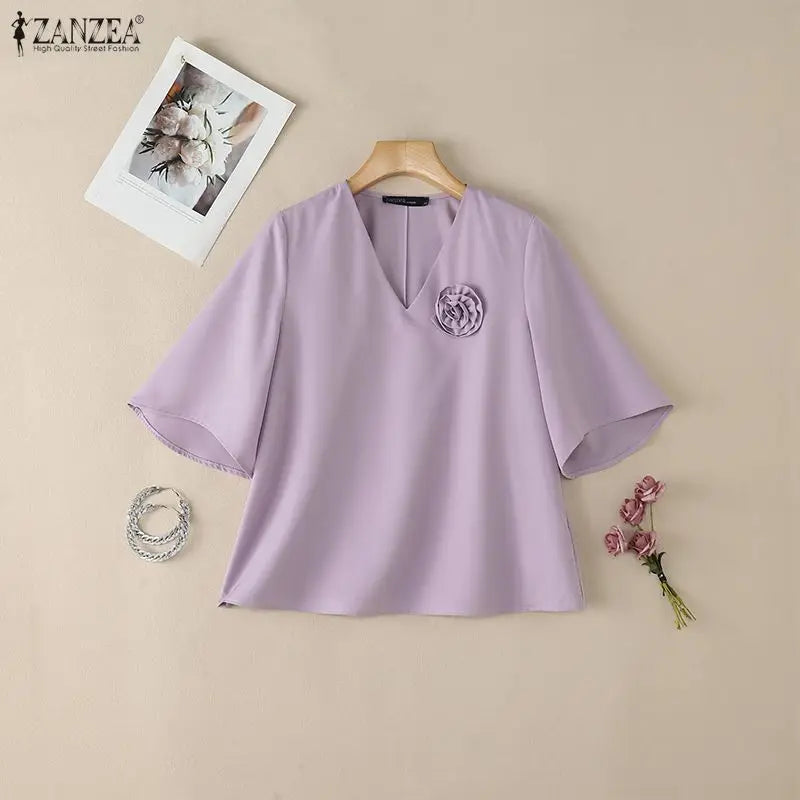 ZANZEA Elegant Fabric Flower Blouses Women V-Neck Half Bell Sleeves Solid Color Loose Tops Summer Daily Casual Blusas de Mujer