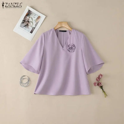 ZANZEA Elegant Fabric Flower Blouses Women V-Neck Half Bell Sleeves Solid Color Loose Tops Summer Daily Casual Blusas de Mujer