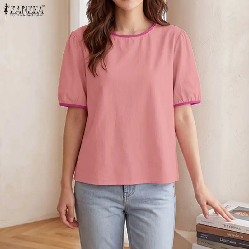 ZANZEA Women Summer Blouse Short Puff Sleeve Patchwork Casual O Neck Fashion Blusas OL Work Tops Oversize Tunic Streetwear