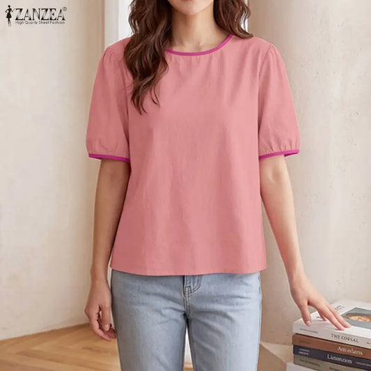 ZANZEA Women Summer Blouse Short Puff Sleeve Patchwork Casual O Neck Fashion Blusas OL Work Tops Oversize Tunic Streetwear