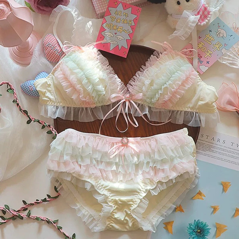 Lolita Princess Pure Desire Bra Set Women Japanese Cake Layer Lace Mesh Cotton Crotch New Party Lingerie Push Up Comfort Soft
