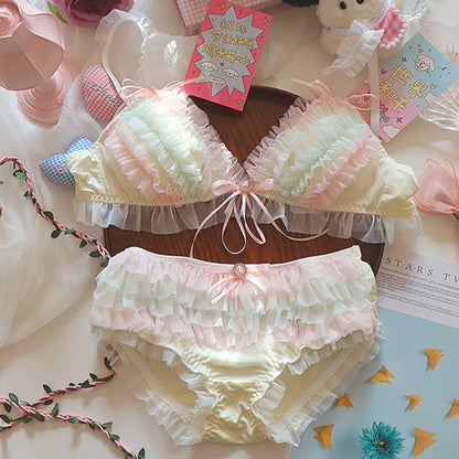 Lolita Princess Pure Desire Bra Set Women Japanese Cake Layer Lace Mesh Cotton Crotch New Party Lingerie Push Up Comfort Soft