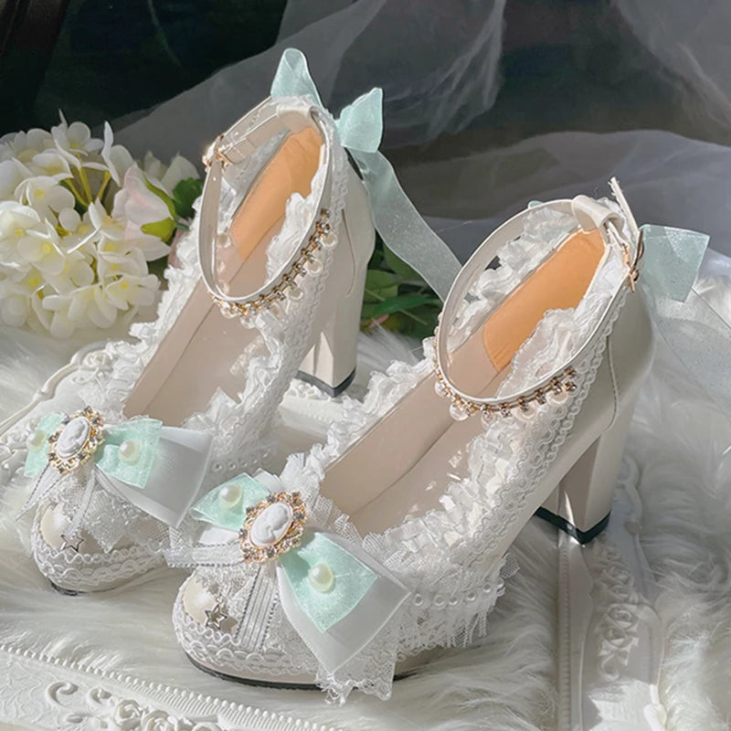 Lolita Original Handmade Lo Shoes Thick Heels Round Head High Heels Japanese Sweet Princess Girl Loli Tea Party Single Shoes