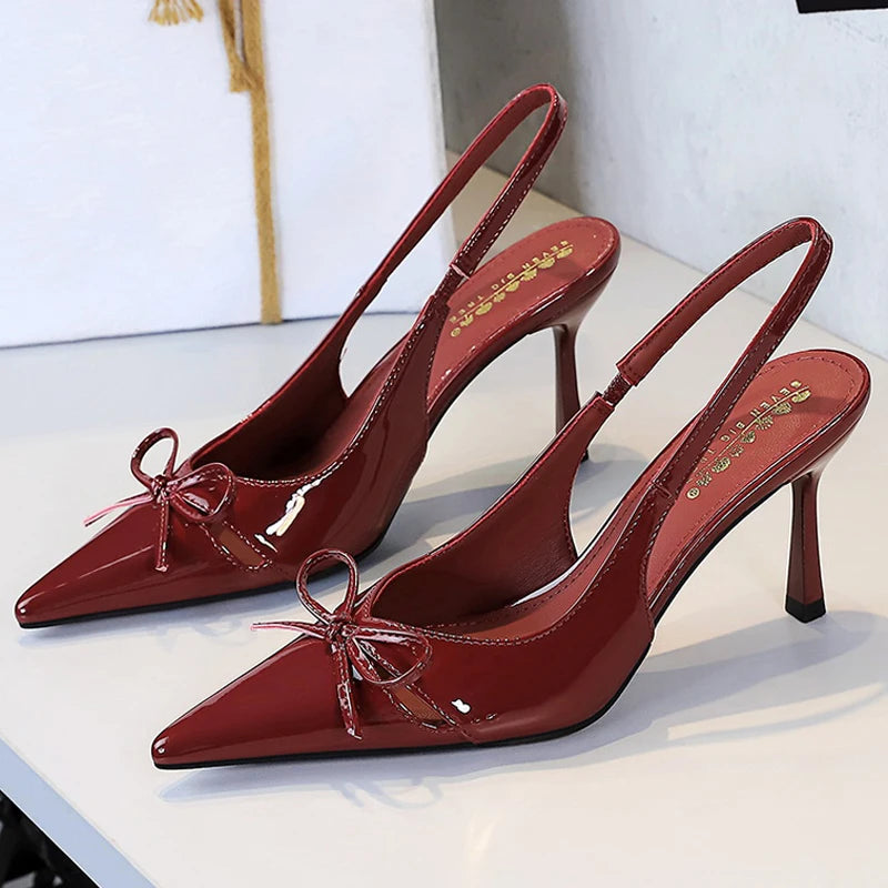 BIGTREE Shoes Hollow Bowknot Women's Shoes With Pointed Tips Women Pumps Patent Leather High Heels Women Sandals Large Size 43