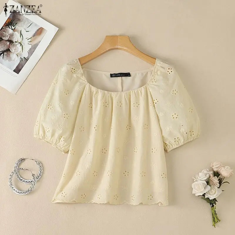 ZANZEA Women Summer Cotton Blouse Elegant Square Neck Puff Half Sleeve Casual Tops Streetwear Blusas OL Work Party Tunic