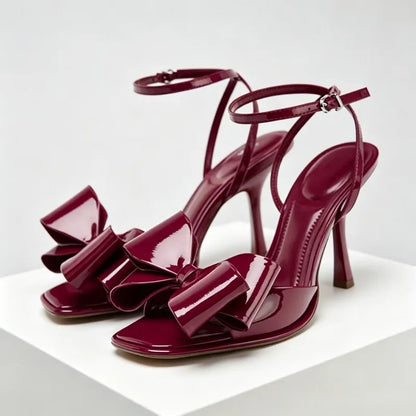 Luxury Red Butterfly-knot Ankle Strap Heeled Sandals Women Sexy Square Toe Peep Toe Thin High Heels Elegant Wedding Bridal Heels