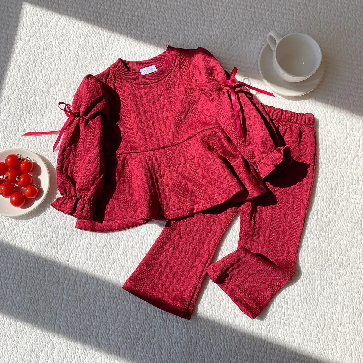 2026 Autumn New Children Long Sleeve Clothes Set Girls Cute Bow Loose Tops + Flared Trousers 2pcs Suit Kids Girls Outfits
