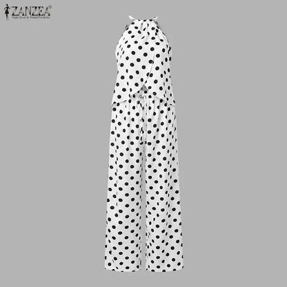 Stylish Women 2 Pieces Sets ZANZEA  Polka Dots Holiday Outfits Summer Halter Sleeveless Tanks Tops Beach Pant Sets Streetwear
