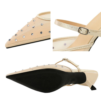 BIGTREE Shoes Pointed Women's Sandals Mesh Rhinestone Kitten Heels Breathable Hollow Out Middle Heel Sandals Buckle Slippers