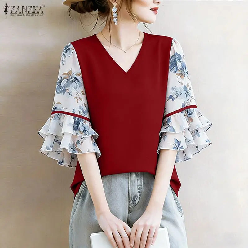 ZANZEA Women's Elegant Blouses Floral Printed Patchwork 3/4 Flared Sleeves V-Neck Loose Tops Summer Casual Blusas de Mujer