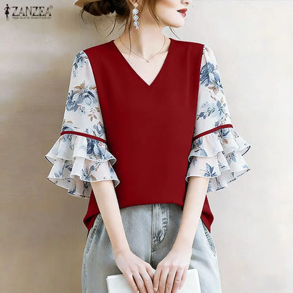 ZANZEA Women's Elegant Blouses Floral Printed Patchwork 3/4 Flared Sleeves V-Neck Loose Tops Summer Casual Blusas de Mujer