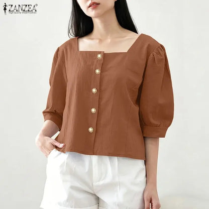 ZANZEA Summer Autumn Women Blouses Fashion Square Collar Solid Color Tops Half Sleeve Tee Blusas Fashion Streetwear Oversize