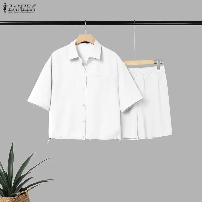 ZANZEA Women Minimalist 2-Piece Sets Casual Short Sleeve Shirts & Elastic Waist Shorts Matching Sets Summer Commute Work Co-ords