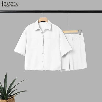 ZANZEA Women Minimalist 2-Piece Sets Casual Short Sleeve Shirts & Elastic Waist Shorts Matching Sets Summer Commute Work Co-ords