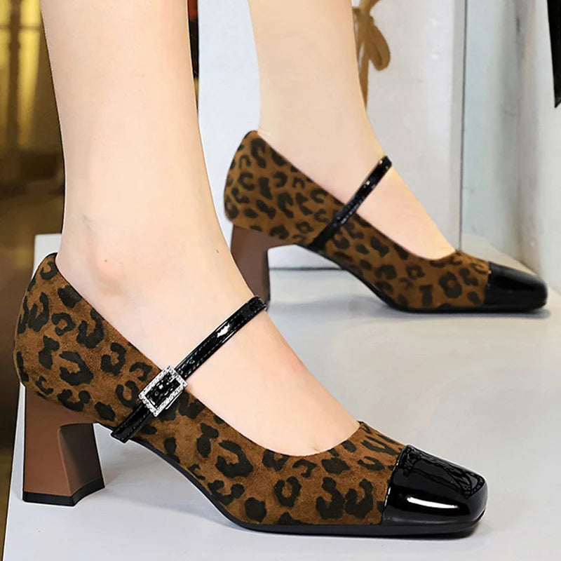 BIGTREE Shoes Leopard Print Women Pumps Suede Middle Heel Shoes Sexy Mary Jane Shoes Rhinestone Buckle Ladies Shoes Square Head