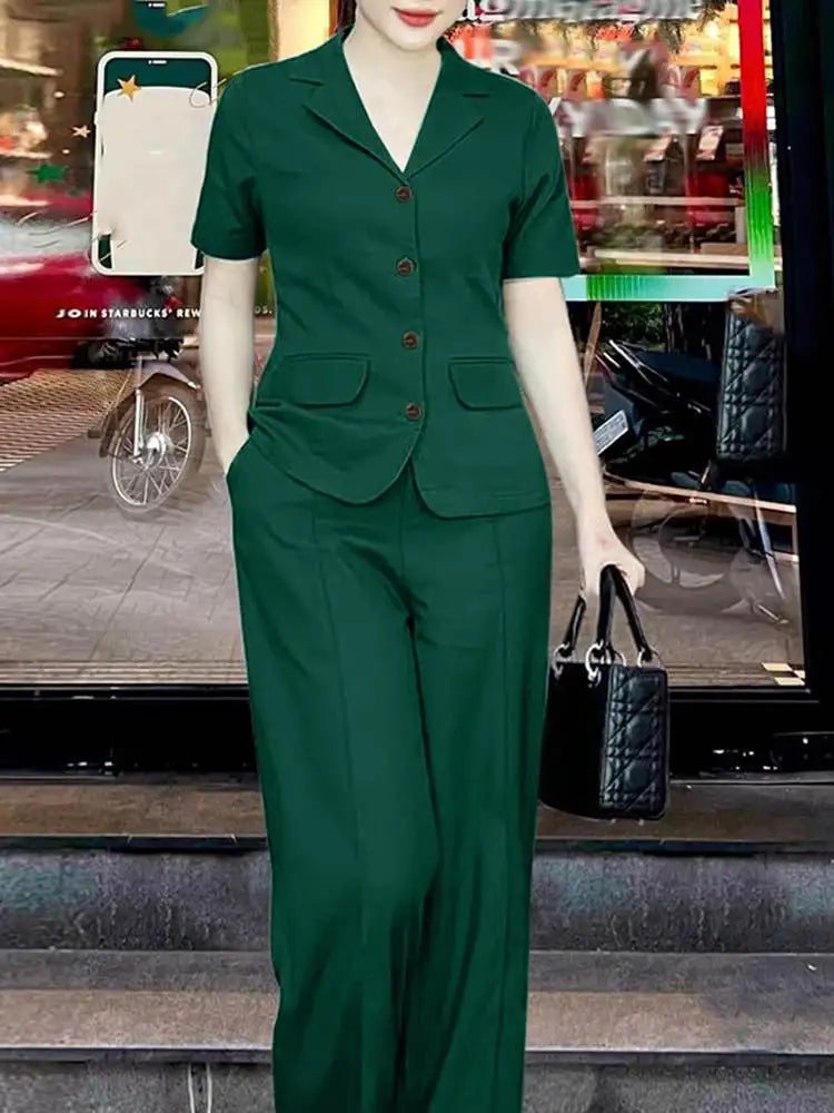 Summer Fashion OL Pant Sets ZANZEA 2PCS Women Outfits Short Sleeve Tops Wide Leg Trousers Suits Elegant Work Tracksuits Oversize