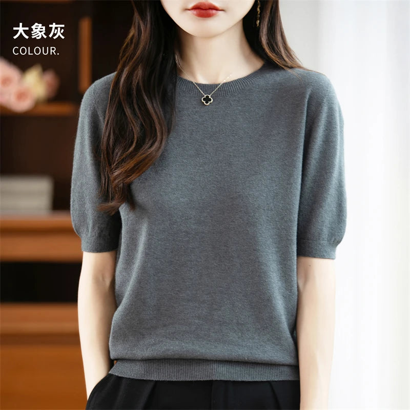 Autumn Women 100% Merino Wool Sweater O-Neck Cashmere Pullover Basic Fashion Short Sleeve Clothing Comfort Top Casual Solid