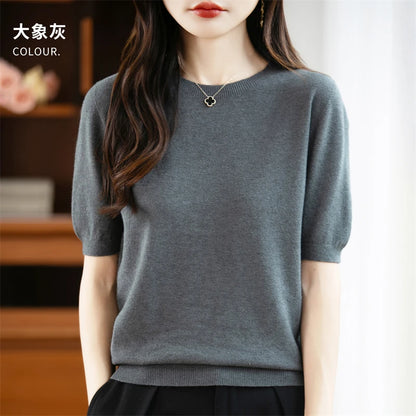 Autumn Women 100% Merino Wool Sweater O-Neck Cashmere Pullover Basic Fashion Short Sleeve Clothing Comfort Top Casual Solid