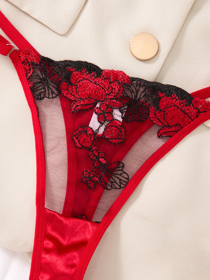 Women Red Floral Embroidery Lingerie Set Satin Sheer Mesh Underwire Bra & Thong Romantic Intimate Underwear ZA825127
