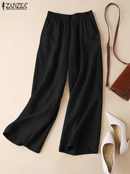 ZANZEA Women Summer Wide Leg Pants Spring Cotton Pantalon Loose Elastic Waist Palazzo 2023 Fashion Solid Casual Long Trousers