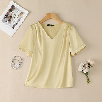 ZANZEA Women's Elegant Chic Satin Silk Blouses V-Neck Short Sleeve Pleated Detail Pullover Tops Minimalist Solid Blusas de Mujer