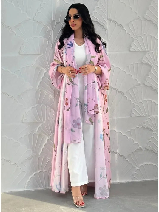 Eid Scarf Abaya Women 2 Piece Set Elegant Muslim Jalabiya Long Cardigan Dress Dubai Style Morocco Caftan for Ramadan Party Arab