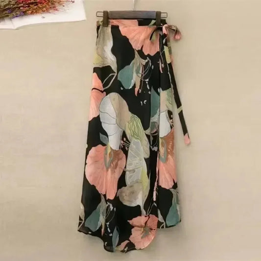 Summer Beach Floral Skirt for Women Cotton High Waist Wrap Maxi Skirt Long with Side Slit & Tie Detail Boho Style Design