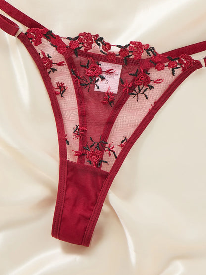 Vintage Wine Red Floral Lace Lingerie Set Thin Double Straps Sheer Transparent Mesh Bra Adjustable Briefs Boudoir