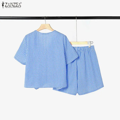 ZANZEA Women's Gingham Patchwork Short Sets Short Sleeve Tops & Elastic Waist Shorts 2 Piece Suits Summer Daily Casual Outfits