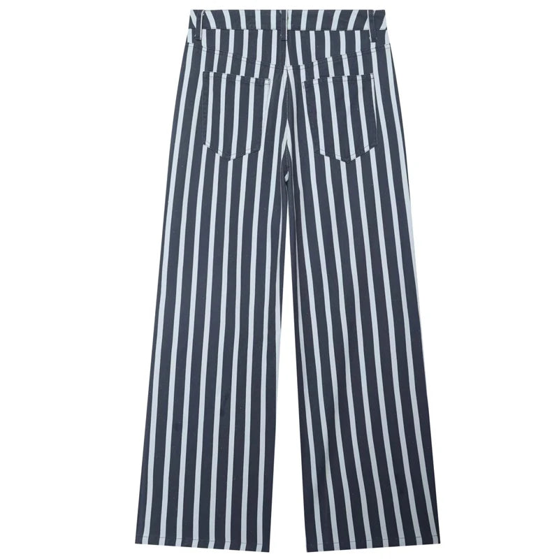 HXAO Striped Denim Pants Women's Pants Summer 2026 Baggy Wide Leg Mid Waist Jeans Office Wear Women Chic Loose Straight Trousers