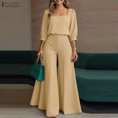 2026 Summer Outfits Elegant Women OL Work Wide Leg Pants Sets ZANZEA  Square Neck 3/4 Sleeve Blouse Trousers Solid 2 Pieces Sets