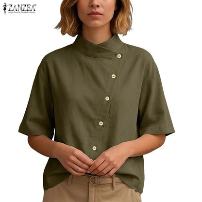 ZANZEA Women's Fashion Diagonal Front Shirts Casual Stand Collar Half Sleeve Button Up Tops Summer Solid Color Chemises Femme