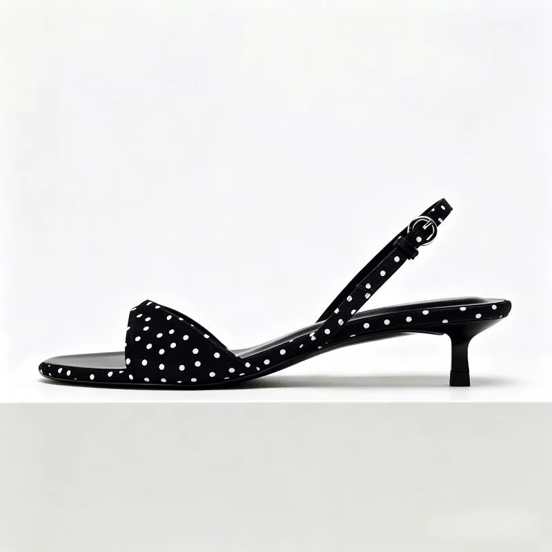 Luxury Satin Kitten Heel Women's Sandals Fashion Open Toe Back Strap High Heels Elegant Polka Dot Decoration Summer Casual Shoes
