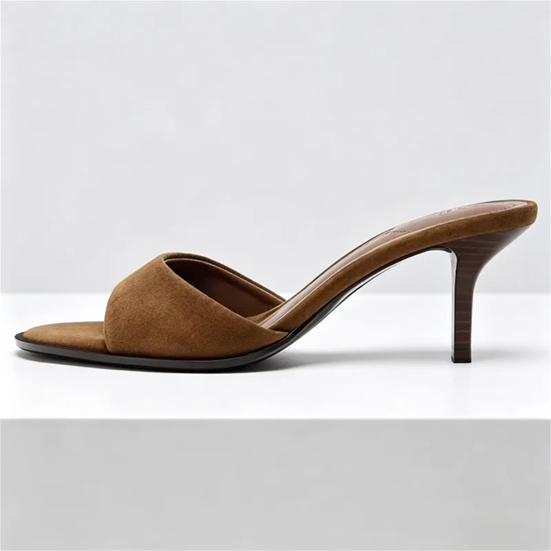 High Quality Brown Satin Slippers Women Fashion Pointed Toe Thin Heel Slide Sandals Comfort Concise Designer Shoes Zapatos Mujer