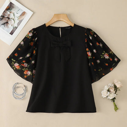 ZANZEA Women's Bow Detail Blouses Elegant O-Neck Floral Printed Chiffon Patchwork Sleeves Tops Summer Daily Wear Blusas de Mujer