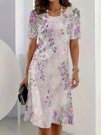 2026 New Elegant Floral Print Dresses for Women Round-Neck Short Sleeve Female Clothing Summer Travel Vacation Clothes for Woman