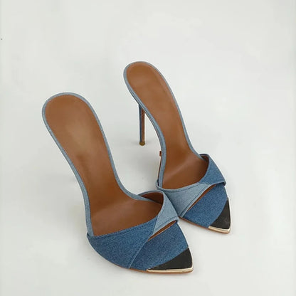 Denim Women Slippers Metal Decoration Pointed Toe Mules Shoes Women Super-high Heel Gladiator Sandals Sexy Luxury Women's Shoes