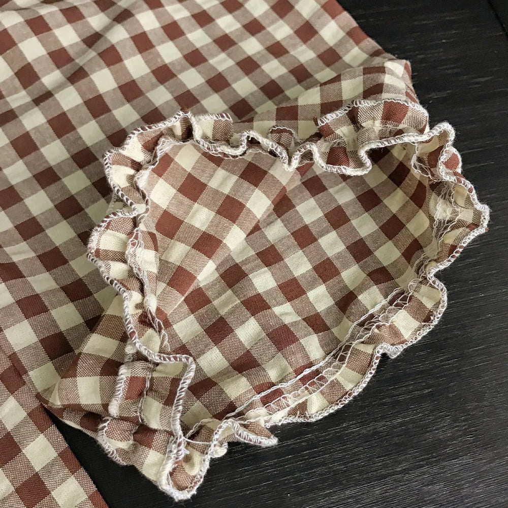 Korean Version 2-10 Year Old Girls and Teenagers Casual Suit with Checkered Lace Single Breasted Top and Pants Two-piece Set