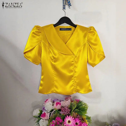 ZANZEA Woman Elegant Satin Shirts Summer Lapel Collar Asymmetric Placket Short Petal Sleeve Tops Vintage Party Chemises Femme