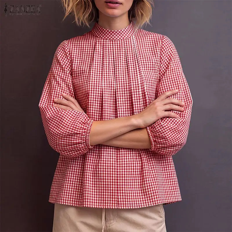 ZANZEA Vintage Gingham Pleated Blouses Woman Mock Neck 3/4 Lantern Sleeves Loose Tops 2026 Autumn Casual Daily Wear Blusas Mujer
