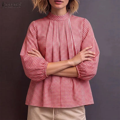 ZANZEA Vintage Gingham Pleated Blouses Woman Mock Neck 3/4 Lantern Sleeves Loose Tops 2026 Autumn Casual Daily Wear Blusas Mujer