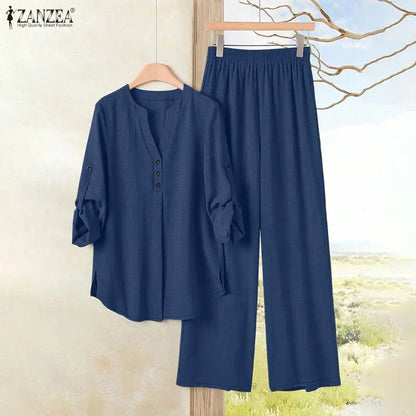 Women's Loose Pant Suits Half-Button Long Sleeve Blouse & Wide Leg Pant 2 Piece Sets ZANZEA Summer Daily Casual Pant Sets Outfit