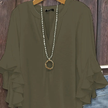 Women V Neck Ruffle Sleeve Loose Chiffon Blouse Casual Summer Top Elegant Office Lady Business Work Shirt Fashion Tunic