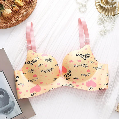 Retro Floral Print Bras Push Up Bra Small Chest Thick Mold Cup No Steel Ring Wirelss Bra Student Seamless Sweet Bra For Girls