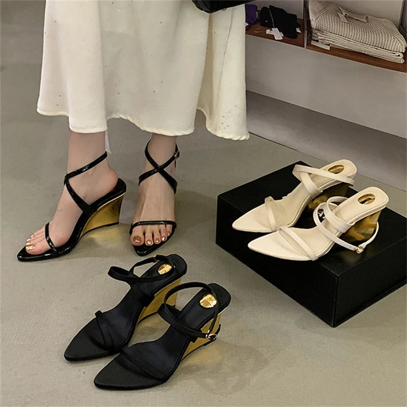 Elegant Wedge Peep Toe Women Sandals Sexy Pointed Toe High Heels for Ladies Summer Street Style Cross-Strap Sandalias De Mujer