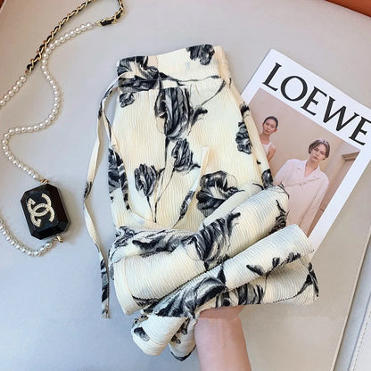 New Spring and Summer Black and White Classic Color Chinese Romantic Small Floral Print Women's Plus Size Wide-leg Trousers